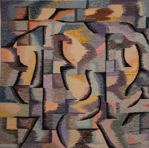 At the Vanity is a woven tapestry completed by Mary-Ann Sievert in 1990.
From Mary Ann:
My fascination with grids goes back to art school. In my tapestries, they have been the basis of several compositions but I have also broken up the grid into splintered areas that take on a kind of cubist imagery. The work of the Cubist painters has had a great influence on me in both tapestry as well as in painting.