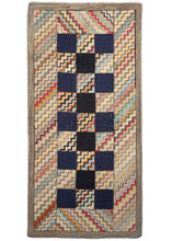 Antique North American hook rug featuring a narrow checkerboard design of blue-black squares and multicolor zig-zags. The zig-zag motif continues in the wide border, and the whole is framed by a subtle pearl gray outer border. This rug strikes the perfect balance between playful and elegant.