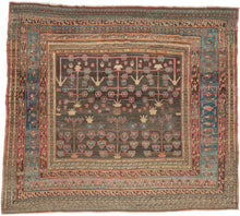 This Bakhshaish was handwoven during the 3rd quarter of the 20th century.

It is an exceptional and unusually square-format Bakhshaish rug, finely woven and boldly composed. Rather than the typical medallion or open-field layout, this piece features a dynamic tree-of-life design of stylized floral shrubs that rise in symmetrical rows from potted vases. Rendered in lively tones of rose, sky blue, saffron, and pistachio against a deeply oxidized walnut-brown ground.

The drawing is lyrical and expressive, wit