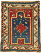 Fachralo Kazak bold contrasting color and open space to striking effect. Primary tones of red, yellow and blue and enhanced with the addition of turquoise and ivory. A simple pattern of rosettes and pinwheels evokes an abstract depiction of bees and flowers. Bees in the Caucasus can symbolize those who collect the 'honey' of traditional wisdom and preserve it for further generations. Top quality dyes to meaty wool to create a balanced and elegant rendering which provokes an emotional response.