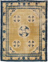 Ningxia Rug circa 1800 composed of a central mandala flanked by four smaller medallions over an intricate diamond lattice repeat. With a classic Ningxia palette that includes two shades of blue, brown, ivory, mauve and a desirable imperial yellow ground.&nbsp;The main border design features floral motifs on a mauve ground. The inner minor borders features a Greek key motif and the outer perimeter border features bands of both blue tones.