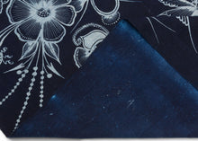 A striking Miao batik wall hanging or coverlet on a deep indigo ground, densely animated with birds, butterflies, fish, flowers, and curling vines in white wax resist. The imagery draws on a rich symbolic vocabulary associated with the natural world, fertility, abundance, renewal, and continuity.