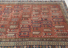 This Shirvan was handwoven during the early 20th century in the Eastern Caucasus.

It features an allover design in diagonal rows on an earthy red ground.&nbsp;The field is composed of tree-like forms each surrounded by rosettes. In between each tree-like form are a geometric flower and a form with opposing bird-like figures.