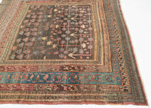 This Bakhshaish was handwoven during the 3rd quarter of the 20th century.

It is an exceptional and unusually square-format Bakhshaish rug, finely woven and boldly composed. Rather than the typical medallion or open-field layout, this piece features a dynamic tree-of-life design of stylized floral shrubs that rise in symmetrical rows from potted vases. Rendered in lively tones of rose, sky blue, saffron, and pistachio against a deeply oxidized walnut-brown ground.

The drawing is lyrical and expressive, wit