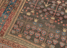 This Bakhshaish was handwoven during the 3rd quarter of the 20th century.

It is an exceptional and unusually square-format Bakhshaish rug, finely woven and boldly composed. Rather than the typical medallion or open-field layout, this piece features a dynamic tree-of-life design of stylized floral shrubs that rise in symmetrical rows from potted vases. Rendered in lively tones of rose, sky blue, saffron, and pistachio against a deeply oxidized walnut-brown ground.

The drawing is lyrical and expressive, wit
