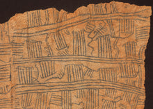 A finely painted bark cloth by the Mbuti people of the Democratic Republic of Congo, dating to the mid 20th century. The cloth is decorated with a dense, rhythmic field of linear motifs, geometric divisions, and abstract forms painted in dark pigment across the warm natural bark fiber ground.

Mbuti bark cloths are closely associated with the Ituri Forest, where the visual language of these works is often understood in relation to the surrounding environment. Rather than being read as fixed symbols in a lit