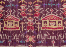 A striking Cambodian&nbsp;hol textile woven in the weft ikat technique, dating to the 1980s revival period. Against a rich plum and magenta ground, the composition features mirrored rows of apsara or court-dancer figures, stylized Angkorian temple forms, floral motifs, and bands of Khmer script identified as reading “Kampuchea.”

The imagery draws on Cambodia’s deeply rooted Angkorian visual language, translating forms associated with temple architecture and celestial dancers into silk. Rather than depictin