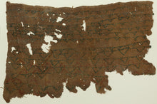 A remarkably understated Coptic textile fragment, woven on a warm brown linen ground and patterned with repeated horizontal bands of small linked motifs in deep blue-green, with traces of red.

Rather than the bold tapestry panels more often associated with Coptic textiles, this piece has an appealingly spare, almost minimalist quality. The repeating forms create a quiet rhythm across the surface, their irregularities revealing the hand of the weaver.