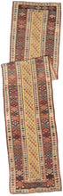 This Talish runner was handwoven during the late 19th century in the Caucasus.

It features narrow field of rows of shrubs on a rare and desirable yellow ground. The shrubs are laid out in diagonal columns which are rendered in rich reds and blues and green jewel tones. It is framed by a wide main border of both small and geometric rosettes on a chocolate ground.