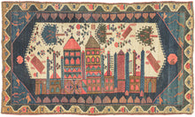 Antique cityscape Malayer small runner featuring a wild cityscape in blues, green, yellow, gold, ivory, and faded pinkish-red. Tall polychrome buildings with wonky windows and doors are full of personality while various trees and flowers float above the city in a psychedelic manner almost as if they were caught in a tornado or lifted off the ground by a gravitational force.