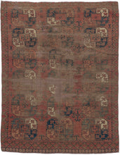 SILK KINTSUGI A soulful early Ersari Turkmen rug, measuring with a beautifully aged surface and a striking contemporary repair. The field is arranged with large-scale Turkmen guls in a soft, time-muted palette of deep red, brown, indigo, charcoal, and ivory. Years of wear have softened the design, giving the rug a quiet, atmospheric quality while still preserving the rhythm and strength of its original tribal composition.