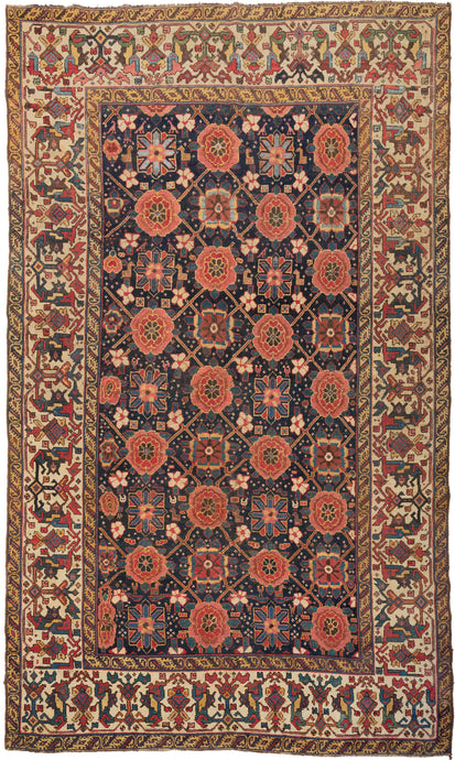 Lori rug It features a well executed rendition of the mina khani design in an exceptional palette of mutliple reds, blues, green, yellow and pink with brown and ivory accents.  The main border utilizes an lesser utilized archaic meander with the addition of vibrant blue-green and purple tones