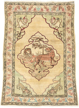 Antique kerman  a snake attacking a duck in front of their ducklings and the bottom cornices depict a wolf attacking a rabbit.  a little gruesome and include the rare addition of blood woven in but are true to the natural order. The rug is depicting a variation of the allegory of the "lion and the mouse". The mouse who is one of the weakest in the animal kingdom is shown mercy by the lion and the tiger who are the most powerful. A powerful message rendered in soothing tones.