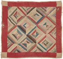 This quilt was&nbsp;hand-sewn in North America during the&nbsp;early 20th century.&nbsp;  It features a variation of the log cabin pattern in various diamond shapes. Framed by a red border.