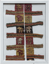 This Pre-Columbian textile fragment dates from the Chimu period.

It features two sections of a mantel with squares featuring birdlike figures in red, yellow, brown and ivory. The slit-tapestry woven squares are separated by bands of simply patterned weft float.&nbsp;