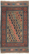 baluch The field design is composed of alternating rows of botehs that aligned on the diagonal on a camel ground. The botehs are big and plump in contrasting tones of purples, blues and pinks including an early synthetic hot pink that isn't for Baluch purists but adds some visual interest for the rest of us!&nbsp; Finished on both ends with original interlocking lightning bolt kilims.