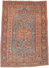 HERIZ
It features an atypical medallion-and-field composition centered around a coral octagonal medallion filled with angular palmettes and rosettes. The surrounding field is rendered in a softly abrashed sky-to-steel blue with scrolling vinery, serrated leaves, and stylized blossoms. The spandrels echo the motif density of the field yet shift toward coral and salmon tones that warm the overall composition. 