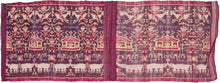 A striking Cambodian&nbsp;hol textile woven in the weft ikat technique, dating to the 1980s revival period. Against a rich plum and magenta ground, the composition features mirrored rows of apsara or court-dancer figures, stylized Angkorian temple forms, floral motifs, and bands of Khmer script identified as reading “Kampuchea.”

The imagery draws on Cambodia’s deeply rooted Angkorian visual language, translating forms associated with temple architecture and celestial dancers into silk. Rather than depictin