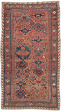 Sauj Bulagh woven by Kurds during the early 19th century. Sauj Bulaq,  proto-kurdish  Mahabad. lustrous wool, saturated tones,  blend traditional Kurdish motifs with classical Safavid era.   classical "Harshang"  Afshan.  Confronting dragons with a flaming pearl. Asymmetric, improvisational, well balanced, the independent nature of the Kurdish weavers. desirable apricot ground.  reciprocal "running-dog" or sawtoothed borders