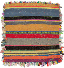 "Cotton and Wool Rag Rug", 2024  Made using recycled fabrics, giving it a distinctive multicolor and shaggy pile. Much of the fabric used features patterning giving the face an explosive feel. The wool wefting on the back of the composition is structured into neat blocks of color offering an excellent&nbsp; juxtaposition to the controlled chaos of the shaggy front. EMMA REDMOND