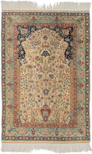 Hereke It features a directional tree of life motif with a central flowering vase. The ivory mihrab mihrab is formed by two deep navy top cornices each supported by a pillar. The whole is framed by a birght turqoise border of alternating palmettes. The silk pile accentuates exquisite tones of reds, pinks, oranges, greens, yellows and three distinct and exceptional blue tones. Very finely woven of dense high quality silk