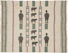 This blanket was likely woven in Nigeria during the middle of the 20th century.

It was woven in multiple stripes which have been attached horizontally. It features four human figures and six goats as well as various stripes in green, purple and black against an ivory ground. A wonderful and less common palette most often seen on Nigerian weavings. The figuresd and stripes have been completed using weft substition over the ivory strips.