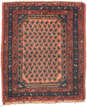 hamadan It features alternating rows of zoomorphic botehs on a coral ground. It is encapsulated by a striped octagonal border with polychrome triangles around the interior and blue cornices each with a single leaf. Framed by a main blue border sandwiched between two red "minor" borders of the same width. Nicely embellished with poofs of multicolored wool on one end.