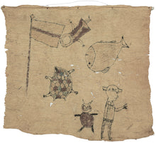 This barkcloth was made during the first half of the 20th century in New Ireland, Papau New Guinea.

This powerful barkcloth is a rare example of narrative textile art from Papua New Guinea—one that speaks in sacred symbols and cosmological sequences. Likely associated with the spiritual movements known as “cargo cults,” which emerged in response to colonial disruption, the piece tells a story not of conquest but of reversal.