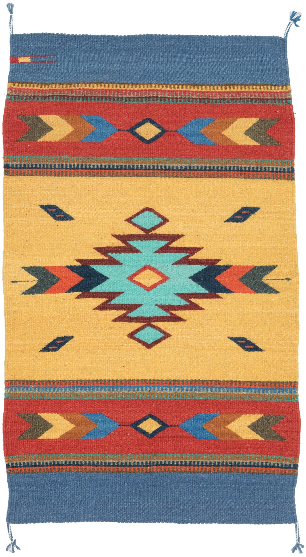 A bright contemporary Oaxacan flatwoven rug by Zapotec weavers from Teotitlán del Valle, Oaxaca. The design features a warm yellow field with a central stepped diamond medallion in turquoise and burgundy, framed by red border bands and deep blue end panels.