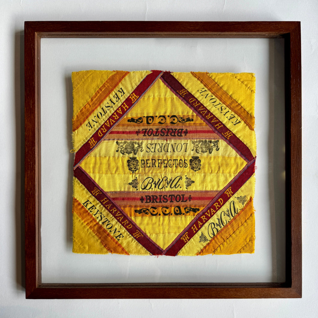 This quilts were handcrafted in United States during the turn of the 20th century.

These hand-stitched quilt panels are made from silk cigar ribbons. These pieces reflect a unique chapter in American domestic craft, when women repurposed decorative silk bands that had been used to bundle cigars into quilts, pillows and other textile art. The brand names, including Harvard, Blackstone, and Londres Extra, are framed in bold type and bright tones of yellow and orange, capturing the visual language of turn-l o