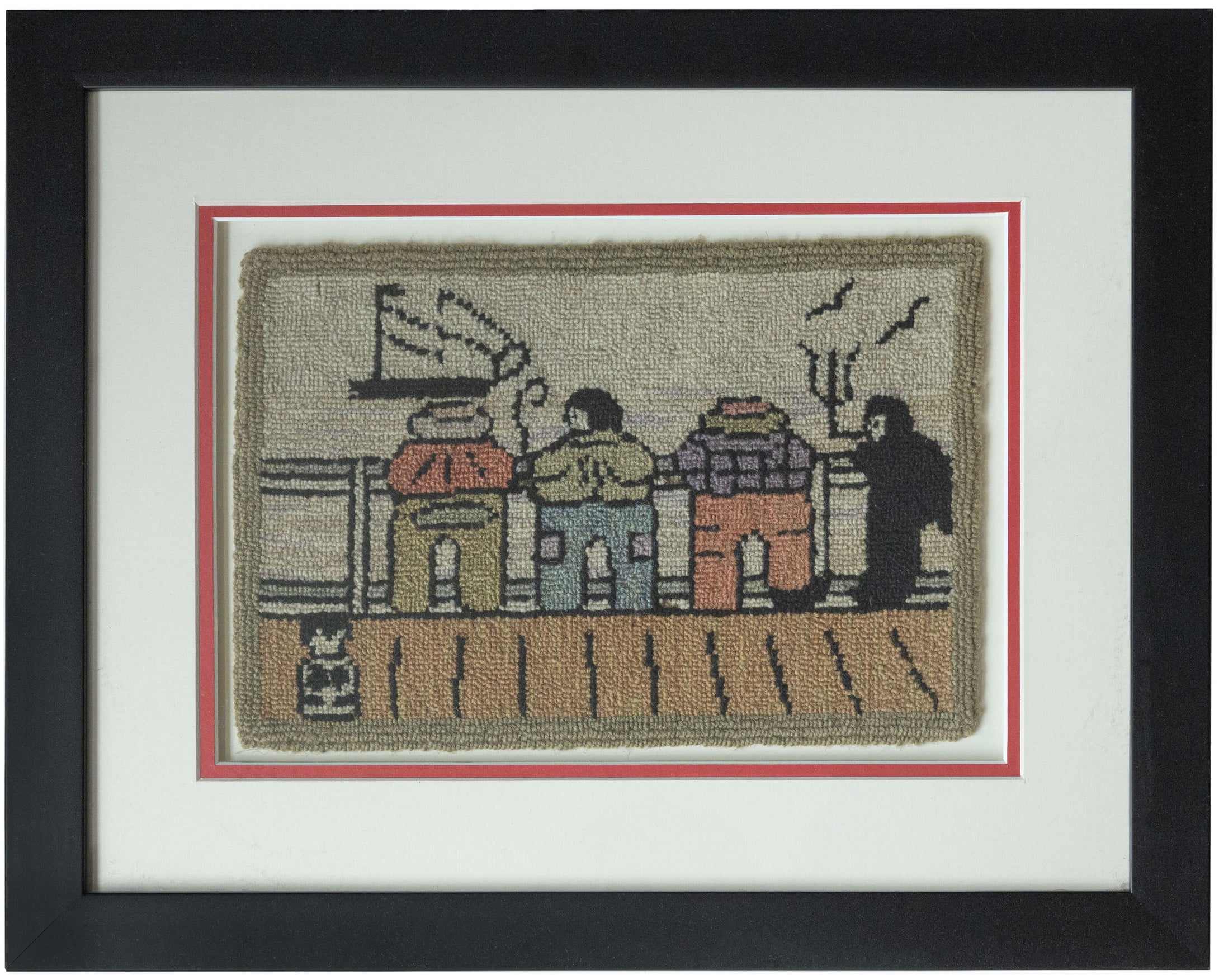 This charming vintage hooked rug captures the spirit of coastal folk art with humor and warmth. Four figures stand along a wharf, their backs turned as they watch the harbor. Each is&nbsp;rendered in bold blocks of color and outlined in black for a graphic, almost cartoon-like effect. One figure smokes a pipe, another leans casually with hands behind his back, while a small dog sits at attention in the corner. A sailboat in the distance and wisps of smoke rising into the air complete the playful seaside vig