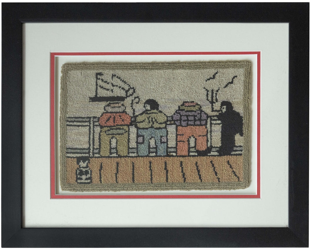 This charming vintage hooked rug captures the spirit of coastal folk art with humor and warmth. Four figures stand along a wharf, their backs turned as they watch the harbor. Each is&nbsp;rendered in bold blocks of color and outlined in black for a graphic, almost cartoon-like effect. One figure smokes a pipe, another leans casually with hands behind his back, while a small dog sits at attention in the corner. A sailboat in the distance and wisps of smoke rising into the air complete the playful seaside vig