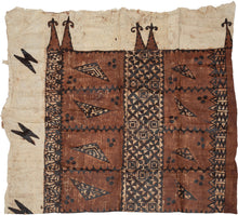 A large Tongan&nbsp;barkcloth decorated with bold geometric and figural motifs in deep brown and black natural dyes. The central field is organized in panels of repeating triangular forms and small clustered dots, framed by intricate borders of interlocking patterns that create strong graphic contrast against the lighter ground.