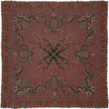 19th century square Kashmir kani shawl with dense red boteh (paisley) design, joined panel construction, and a central woven inscription cartouche in stylized Persian script, with intricate borders and multicolor fringe.
