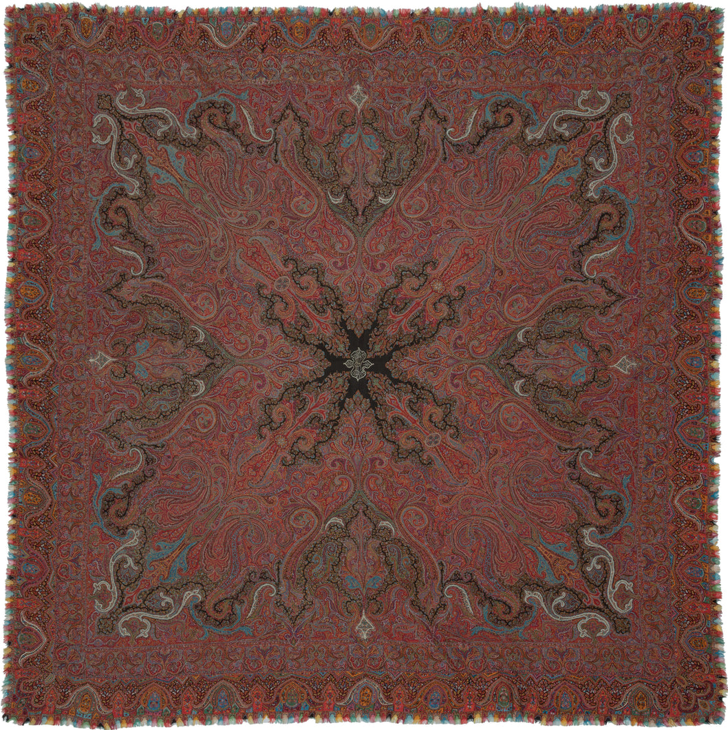 19th century square Kashmir kani shawl with dense red boteh (paisley) design, joined panel construction, and a central woven inscription cartouche in stylized Persian script, with intricate borders and multicolor fringe.