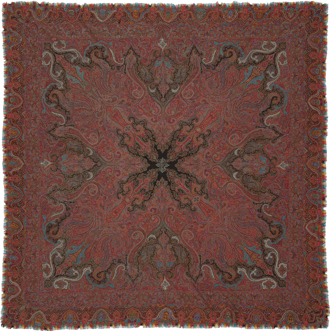19th century square Kashmir kani shawl with dense red boteh (paisley) design, joined panel construction, and a central woven inscription cartouche in stylized Persian script, with intricate borders and multicolor fringe.