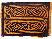 Vintage Mola cloth handmade by the Guna (previously spelled Kuna) people of the San Blas Islands.  Mola is a reverse appliqué technique, similar to the technique used in quilting but&nbsp;using multiple layers of different-colored cloth that are first sewn together before a design is created by cutting away different layers. These cloths are traditionally made in pairs to be worn on the front and back of women's blouses.  This Mola features a pattern of four fish.  The fabric is in very good condition.