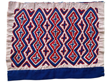 Vintage Mola cloth handmade by the Guna (previously spelled Kuna) people of the San Blas Islands.  Mola is a reverse appliqué technique, similar to the technique used in quilting but&nbsp;using multiple layers of different-colored cloth that are first sewn together before a design is created by cutting away different layers. These cloths are traditionally made in pairs to be worn on the front and back of women's blouses.  a pattern in the red, white and blue tones of Panama's national flag.