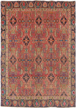 This Shiraz rug was handwoven during the end of the 20th century.   This cheerful Shiraz rug features a well-balanced variation of the Herati design in a fun and fresh palette that includes turquoise, green aubergine, yellow, orange, and both hot and dusty pink on a Nantucket red ground. The whole composition is framed by a strong border of alternating palmettes and serrated leaves.