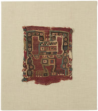 This Pre-Columbian tapestry fragment dates to the Wari period (circa 600–1000 AD) and showcases the intricate geometric abstraction that defined the visual language of the Middle Horizon Andes.

The design, executed in a fine tapestry weave, depicts a highly abstracted anthropomorphic figure with extended, angular limbs which is likely a shaman or ritual intermediary. Rendered in cochineal red, deep indigo, green, and cream, the figure exemplifies the Wari use of bold color and geometry to convey spiritual 