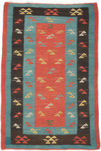 A beautifully balanced flatweave from the Balkan weaving tradition, this Sarkoy kilim features a striking interplay of color and form. The composition centers on a coral-red field framed by alternating turquoise and charcoal borders, each filled with stylized, abstracted bird motifs rendered in yellow, ivory, and crimson. The rhythmic repetition and crisp geometry lend the piece a distinctly modern sensibility while remaining rooted in folk symbolism and regional craftsmanship.
