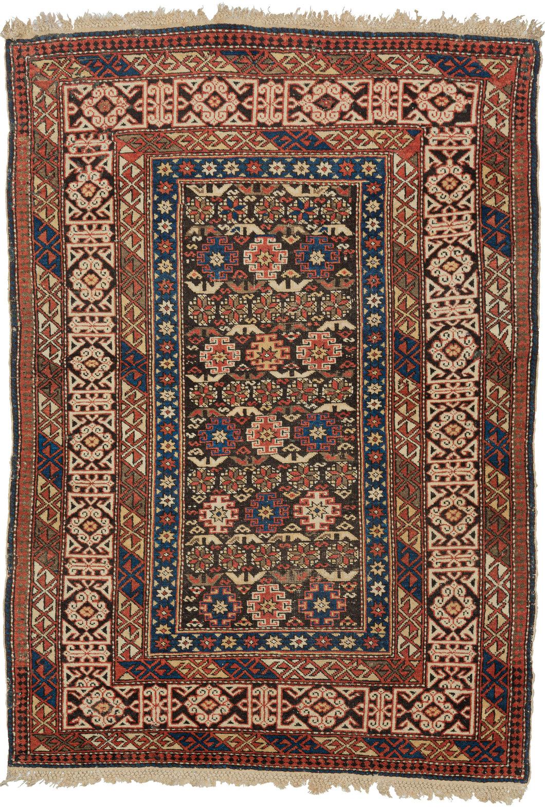 A finely woven Chi-Chi rug from the northeastern Caucasus, packed with the dense, jewel-like drawing for which the group is prized. The dark chocolate-brown field is organized in horizontal bands of stepped geometric medallions alternating with tightly worked floral and abstract devices in saturated cobalt blue, brick red, ivory, soft green, and apricot.