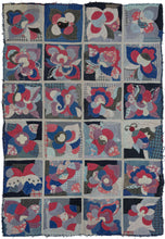 Buyi quilt cover with gridded cotton panels featuring abstract floral, yin-yang, and butterfly motifs in blues, reds, and patterned fabrics, with visible hand stitching and wear.