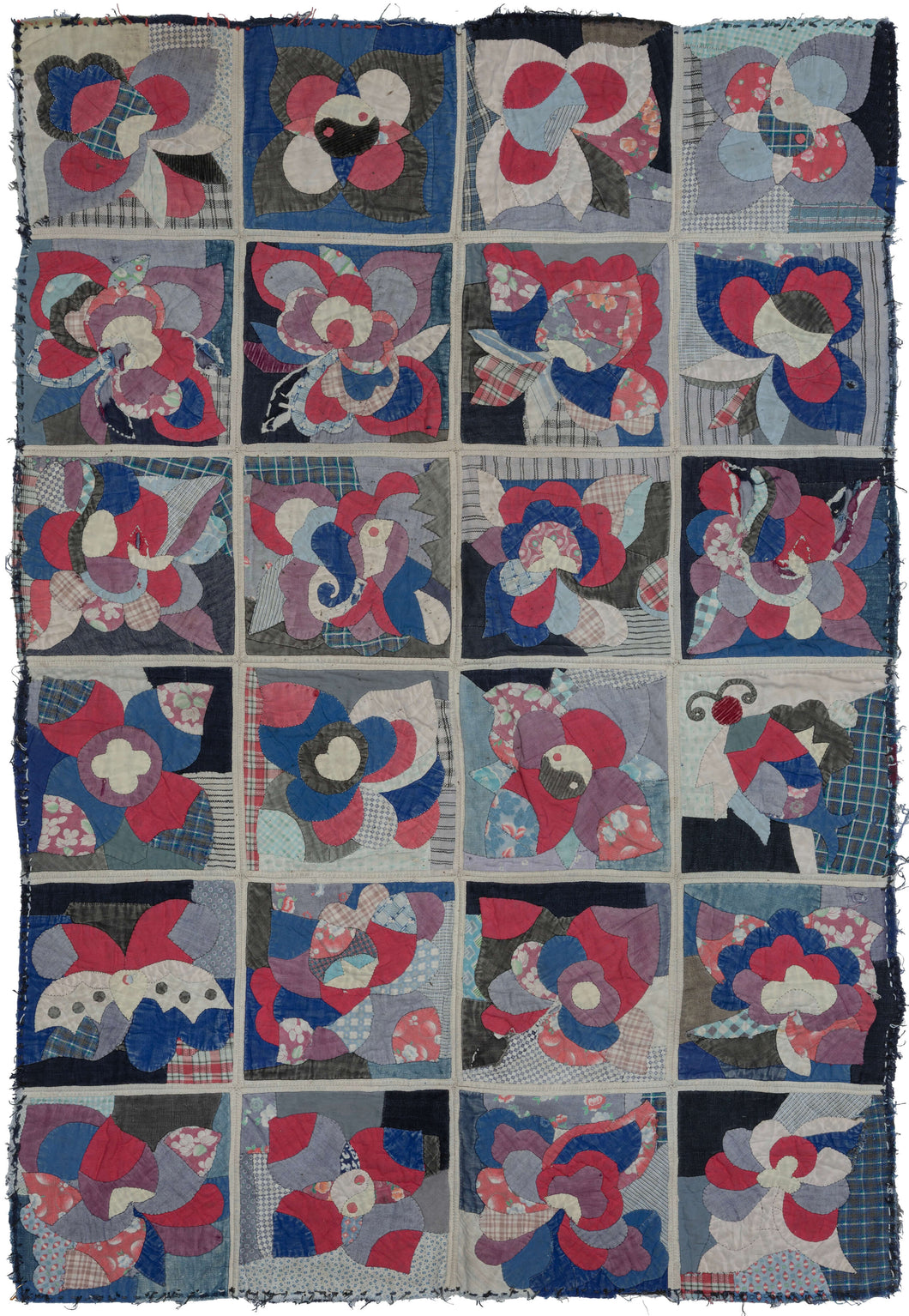 Buyi quilt cover with gridded cotton panels featuring abstract floral, yin-yang, and butterfly motifs in blues, reds, and patterned fabrics, with visible hand stitching and wear.
