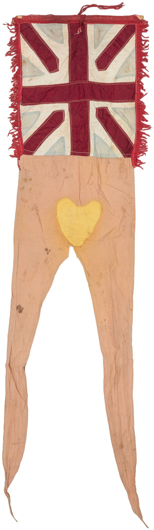 A striking Asafo company flag banner featuring a bold rendition of the British Union Jack above a long, tapering textile panel. Constructed from appliquéd and stitched cotton, the design reflects the distinctive visual language of the Asafo military companies of coastal Ghana, where flags served as emblems of identity, rivalry, and power.