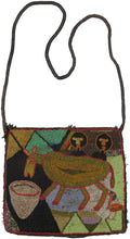 A vibrant Yoruba beaded and woven shoulder bag from Nigeria, featuring a fully beaded pictorial front and a handwoven dyed cotton back. The front panel depicts a lively scene centered on a stylized horse, shown beside a vessel that may represent a feed or water bucket, with two figures and a bird nearby.