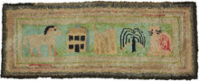 A wonderfully charming American folk-art hooked rug depicting a horse, house, tree, and seated cat across a long, narrow landscape. Its appeal lies in the wonderfully intuitive drawing and deliberately unconcerned sense of scale: the horse nearly rivals the house, while the cat sits monumentally beside a tree scarcely larger than itself.