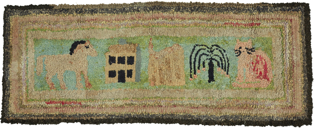 A wonderfully charming American folk-art hooked rug depicting a horse, house, tree, and seated cat across a long, narrow landscape. Its appeal lies in the wonderfully intuitive drawing and deliberately unconcerned sense of scale: the horse nearly rivals the house, while the cat sits monumentally beside a tree scarcely larger than itself.