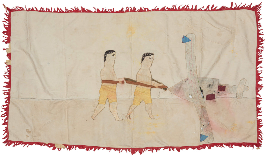 This dynamic Asafo flag depicts two male figures advancing in unison, each holding a rifle, their synchronized movement emphasizing discipline, coordination, and collective strength. Rendered in hand-cut appliqué on a softly aged cotton ground, the scene draws directly on Asafo traditions of martial symbolism and civic defense.