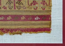 This Pre-Columbian textile panel dates from the Chimu period.  The central band features a repeat pattern of confronting figures upon a table or pedestal and surrounded by bird figures. The coloful palette includes pinks and purples derived from cochineal. Very finely woven and well-preserved textile panel.